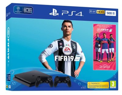 PS4 Slim 500 Go - Pack FIFA 19 + 2nd DualShock 4 (Jet Black)