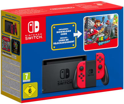 Nintendo Switch (rouge) + Super Mario Odyssey + autocollants Super Mario Bros. - Le film